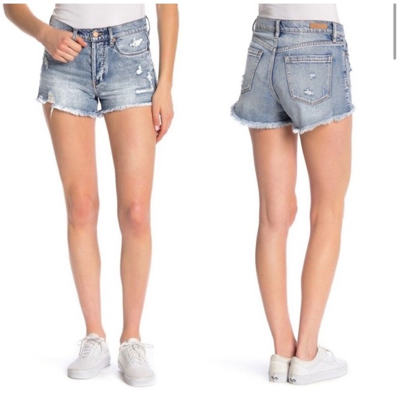 Blank NYC High Rise Distressed Button Fly Raw edge Denim Jean Shorts Sz 24 - Picture 1 of 9